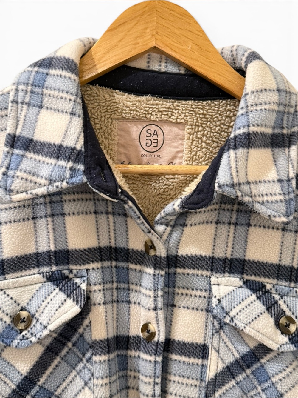 Sage Collective Blue Plaid Sherpa Lined Shacket Jacket L - Picture 6 of 11